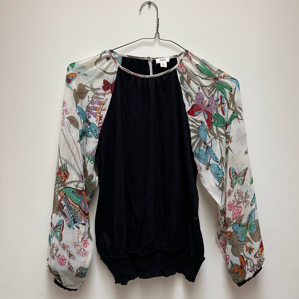Anthropologie TINY Black and Multicolor Butterfly Bug Floral Blouse